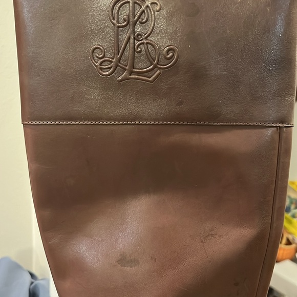 Lauren Ralph Lauren Madisen Leather Riding Boots Sz 7 Brown Embossed Monogram - Picture 14 of 14